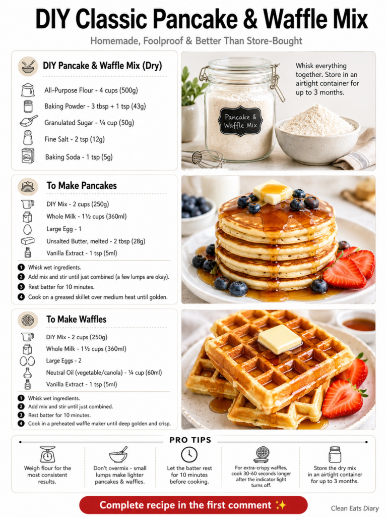 A clear glass jar filled with the homemade dry pancake and waffle mix with a small bowl of flour next to it and a whisk 