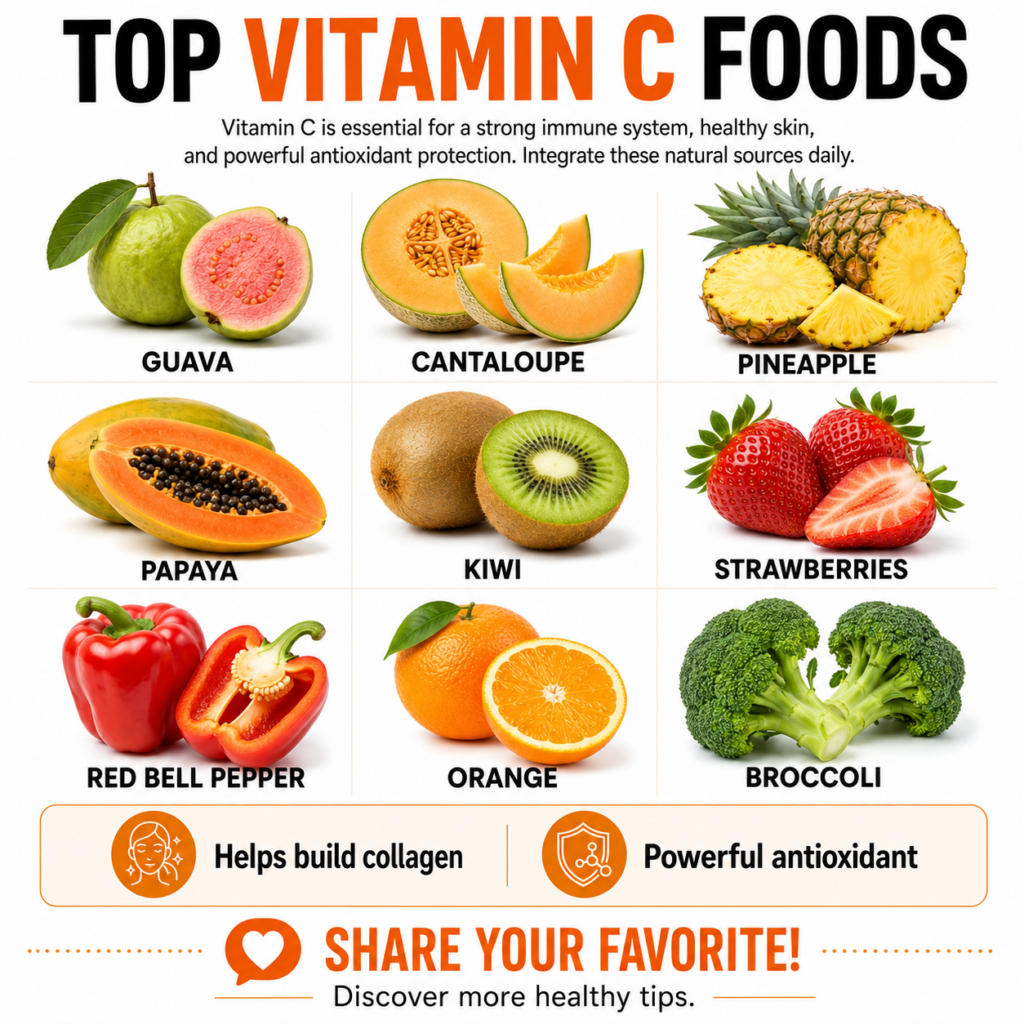 A brightly lit clean infographic titled TOP VITAMIN C FOODS showing a grid of nine different fruits and vegetables guava