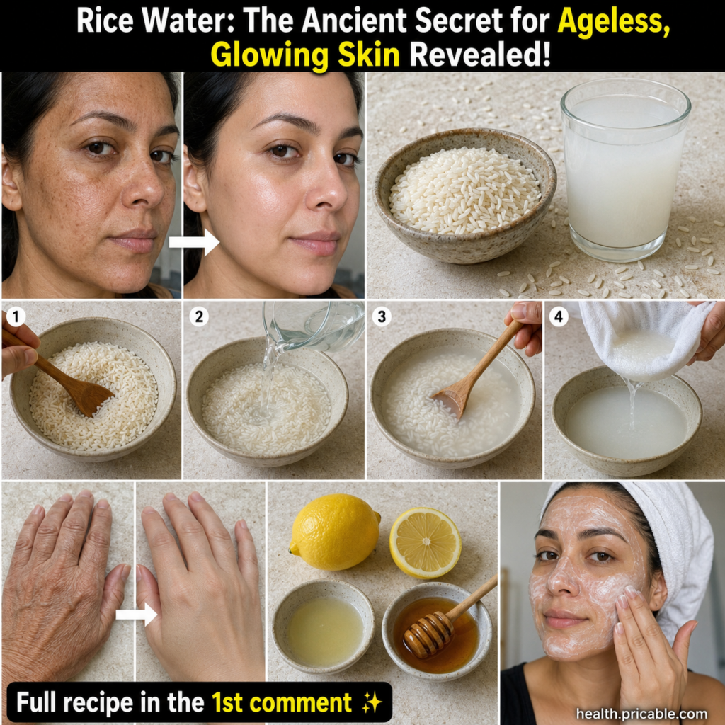 A visual guide to making rice water showing a bowl of raw rice a glass of cloudy rice water and perhaps hands performing