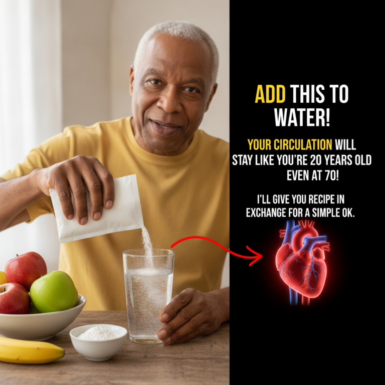 An older Black man with a friendly smile pouring a white powdered substance from a sachet into a clear glass of water on