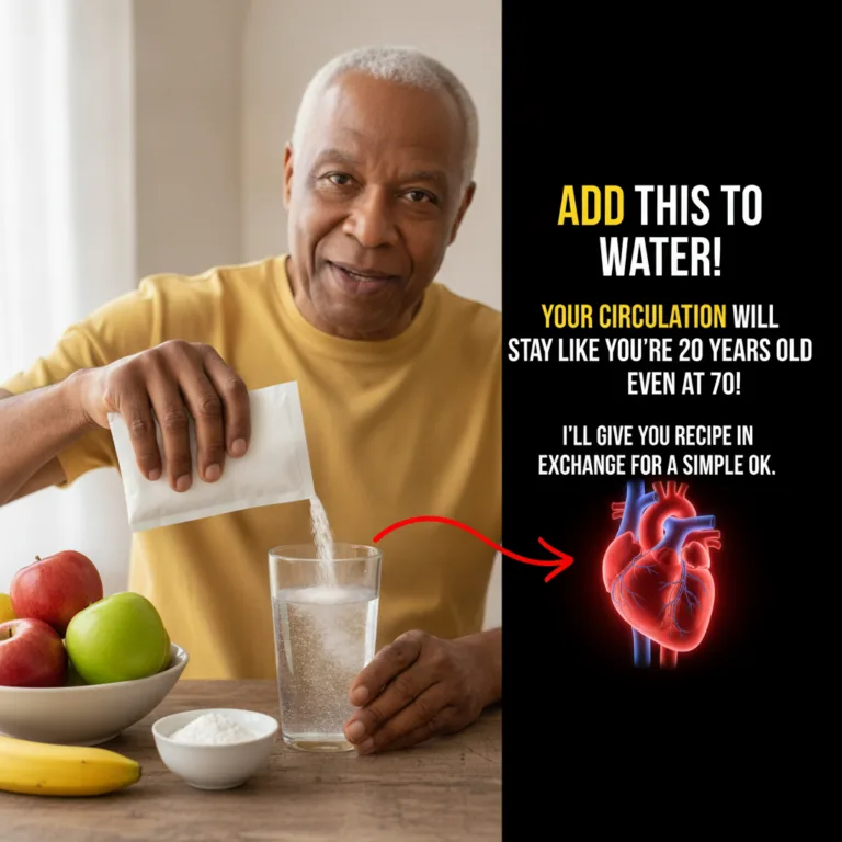 An older Black man with a friendly smile pouring a white powdered substance from a sachet into a clear glass of water on