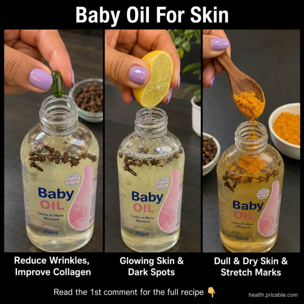 A three-panel collage showing how to enhance baby oil Panel 1 Hand adding a green capsule to baby oil with cloves Panel 