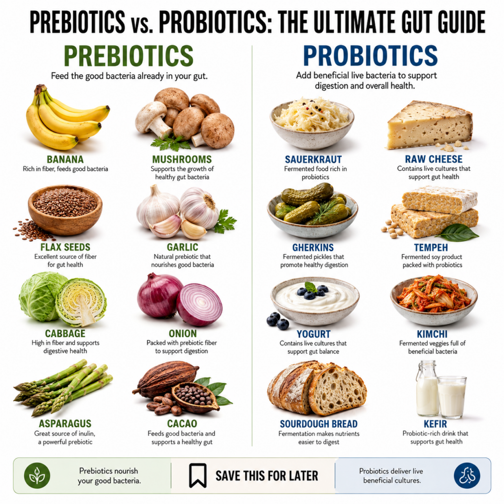 An infographic titled PREBIOTICS VS PROBIOTICS THE ULTIMATE GUT GUIDE with two columns The left column PREBIOTICS shows 