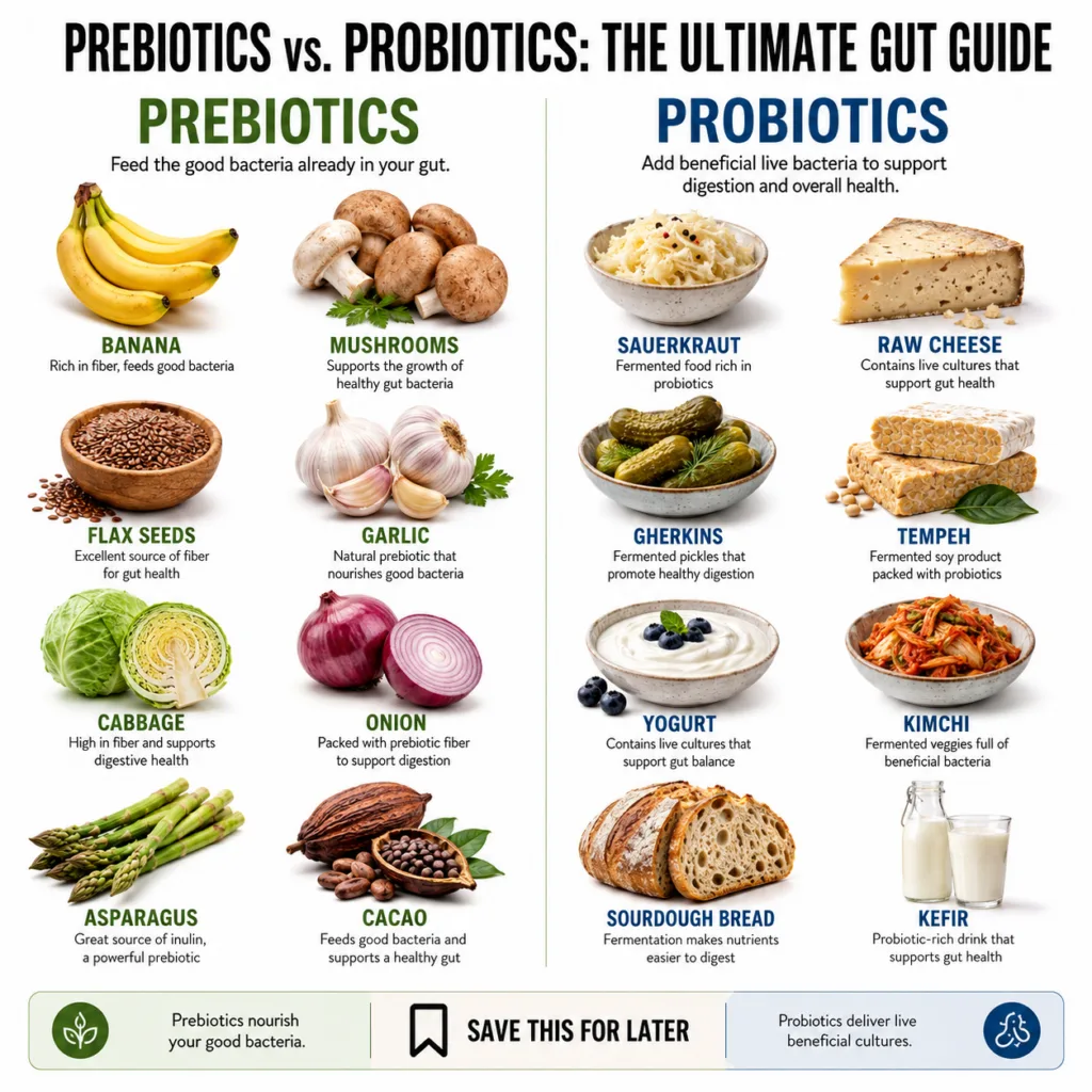 An infographic titled PREBIOTICS VS PROBIOTICS THE ULTIMATE GUT GUIDE with two columns The left column PREBIOTICS shows 
