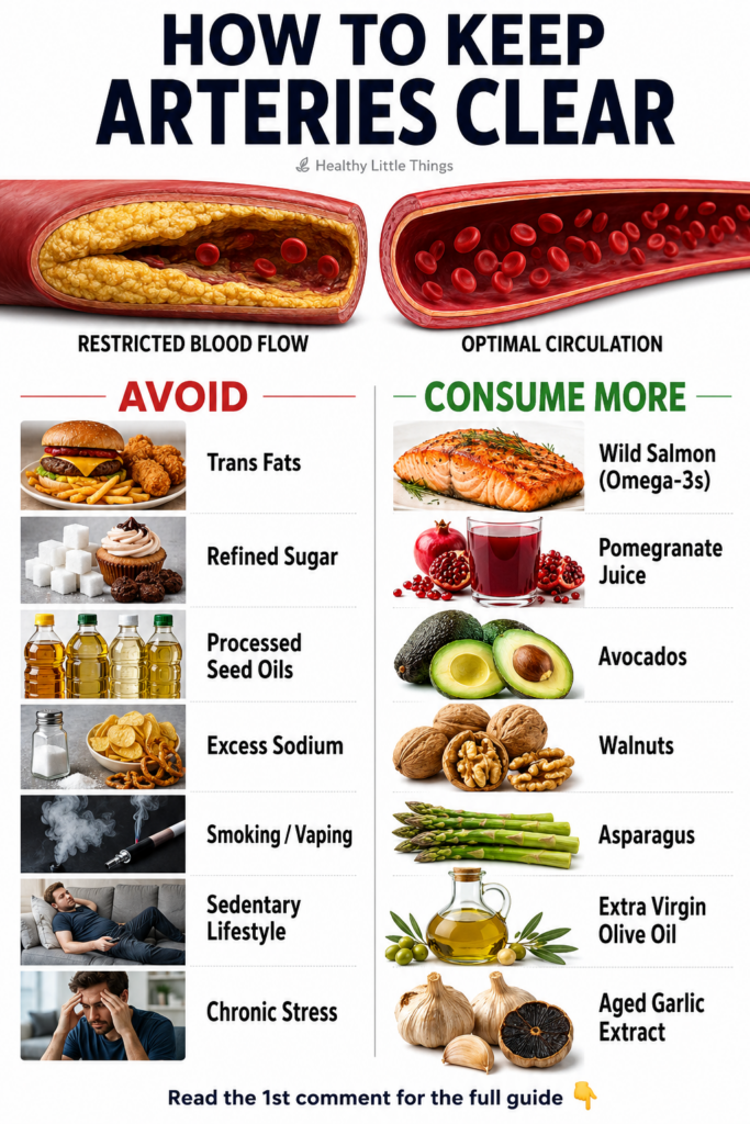 An infographic showing a side-by-side comparison of a healthy artery with clear blood flow and a restricted artery with