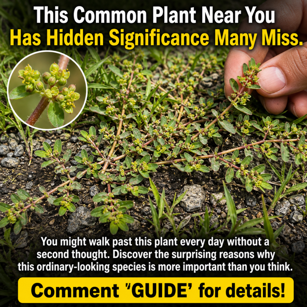 A human hand gently holding a stem of the Euphorbia hirta plant showing its small green leaves and tiny flowers seed pod