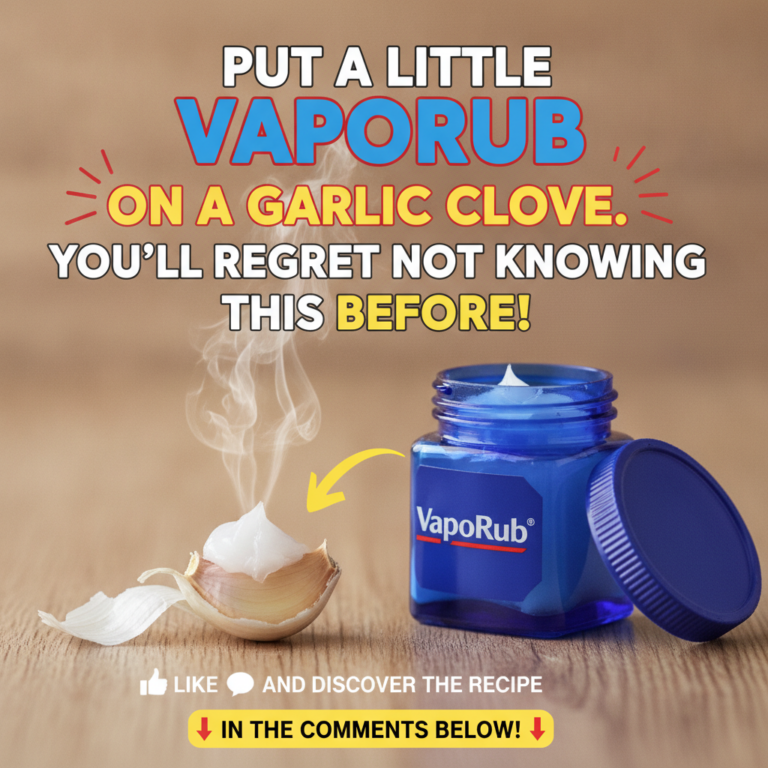 A jar of Vicks VapoRub next to a garlic clove with VapoRub on it emitting a light vapor all on a wooden surface with a y
