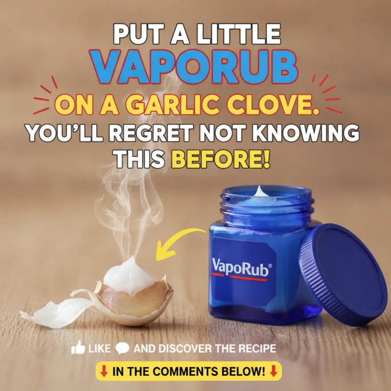 A jar of Vicks VapoRub next to a garlic clove with VapoRub on it emitting a light vapor all on a wooden surface with a y