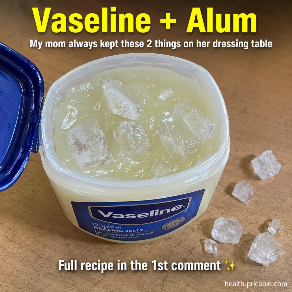 A partially open tub of Vaseline with alum crystals mixed inside and scattered alum crystals next to it on a wooden surf