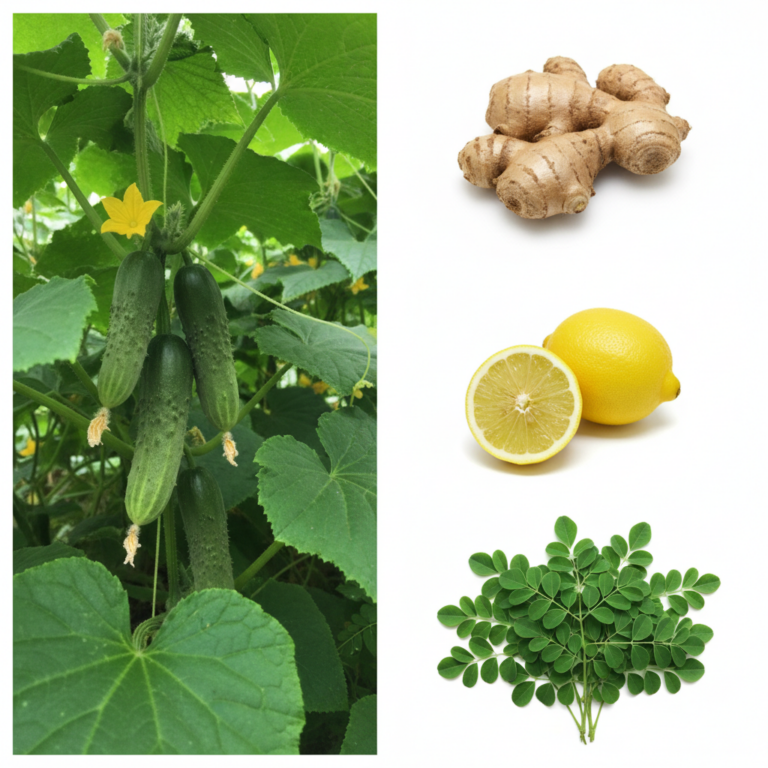 A vertical split-composition showing fresh moringa leaves cucumber ginger and lemon On the left green cucumbers grow on 