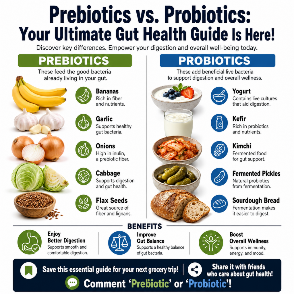 A split image comparing prebiotics and probiotics with examples of foods for each category and a shared benefits section