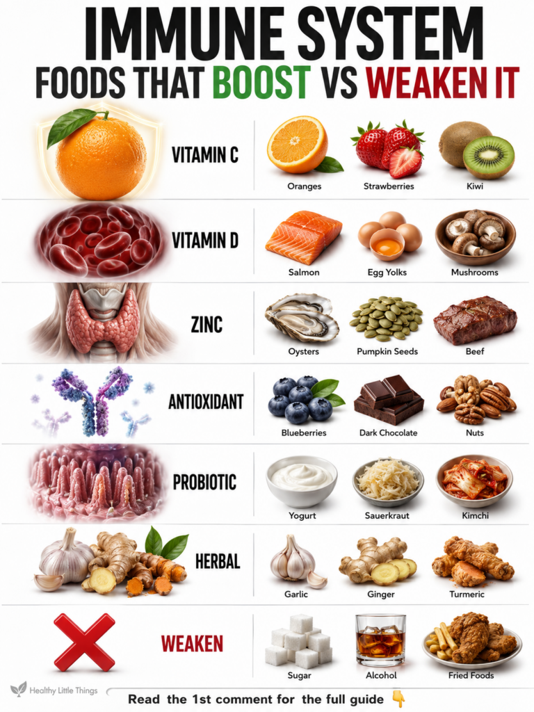 An infographic showing various foods categorized into immune-boosting nutrients like Vitamin C D Zinc Antioxidant Probio
