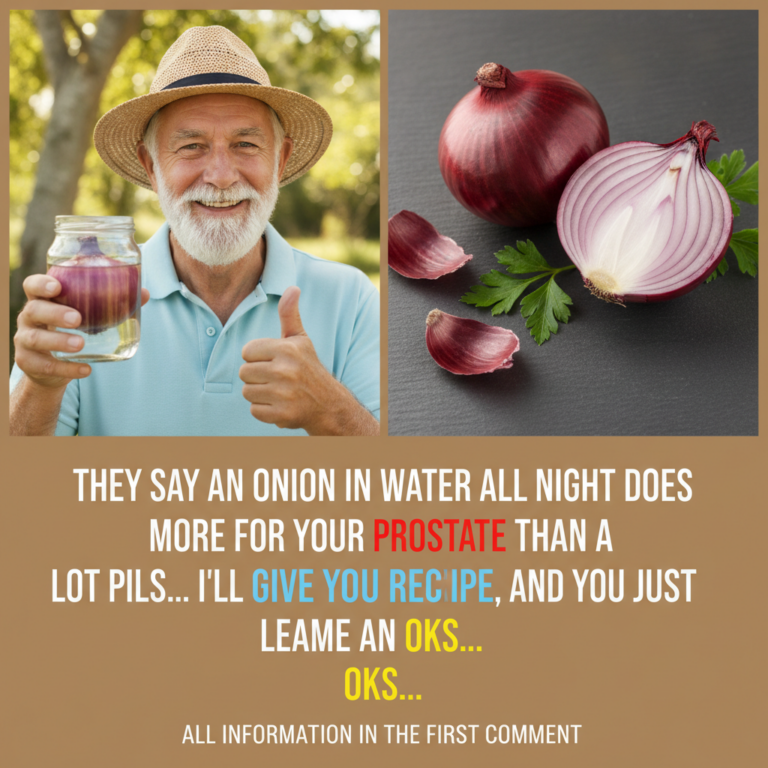 An elderly man with a white beard and a straw hat giving a thumbs-up while holding a glass jar of red onion water Nearby