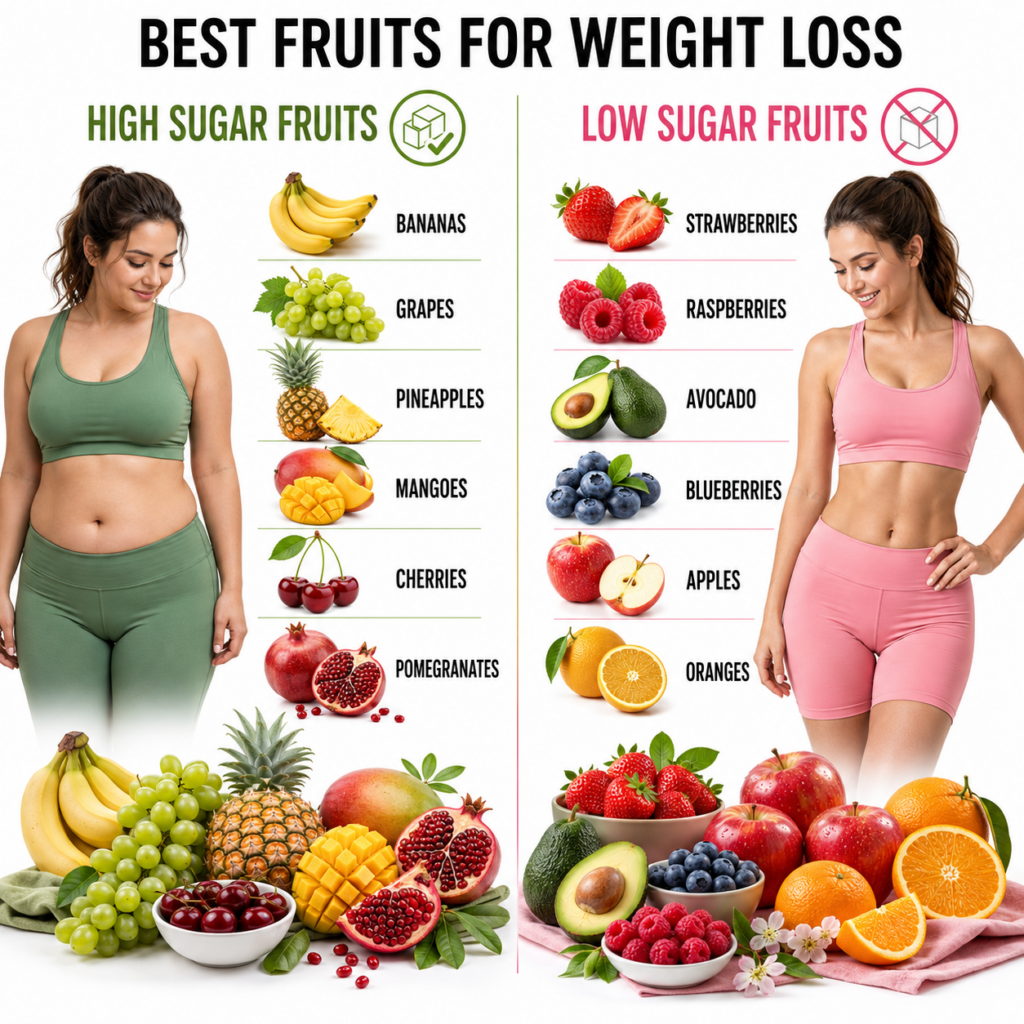 Infographic showing a clear comparison between high sugar fruits and low sugar fruits for weight loss with examples of e