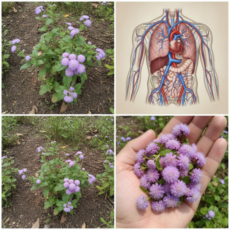 A quad-panel collage showing a small green plant with light purple spherical flowers growing from soil an anatomical ill