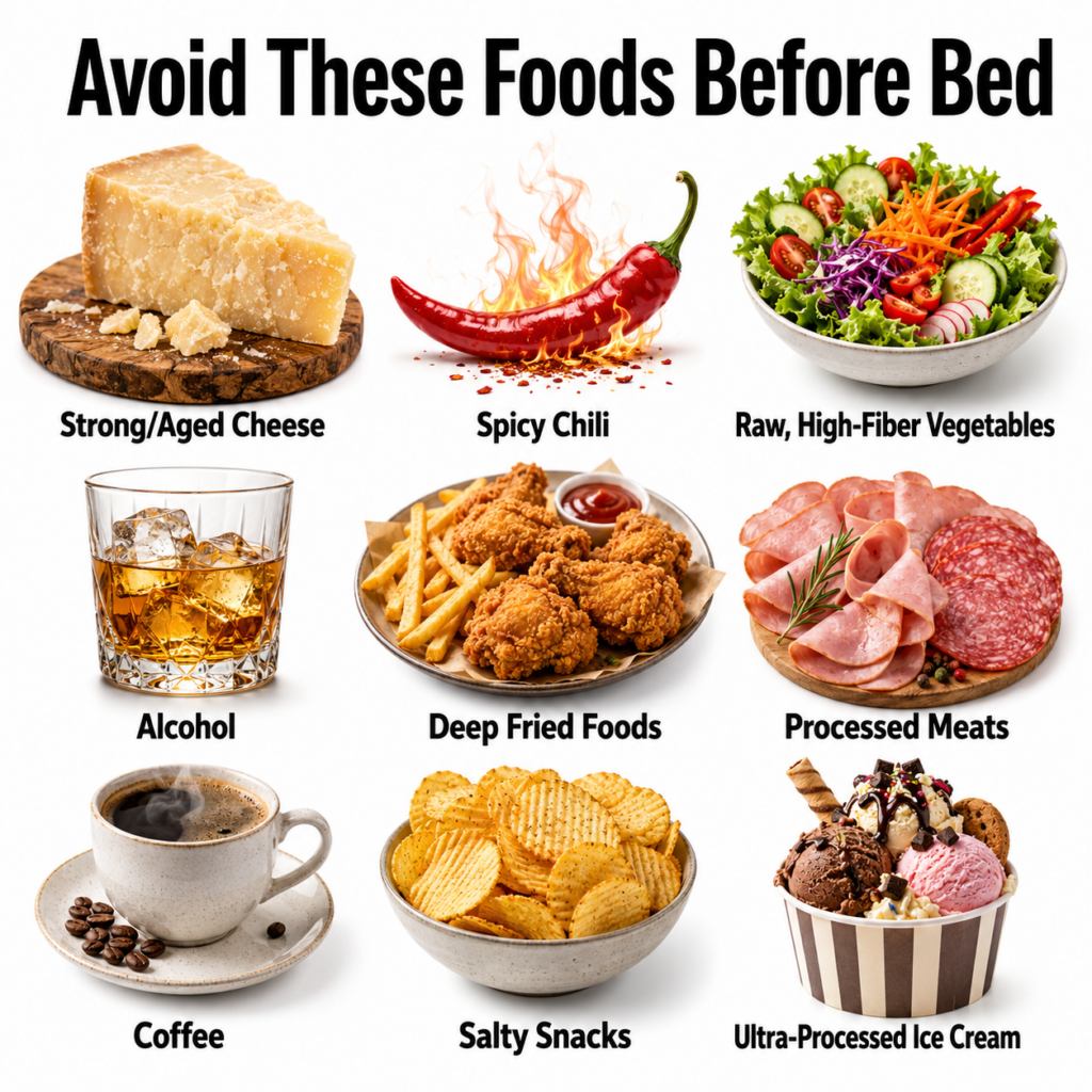 Infographic showing nine foods to avoid before bed Strong Aged Cheese Spicy Chili Raw High-Fiber Vegetables Alcohol Deep