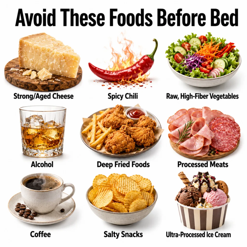 Infographic showing nine foods to avoid before bed Strong Aged Cheese Spicy Chili Raw High-Fiber Vegetables Alcohol Deep