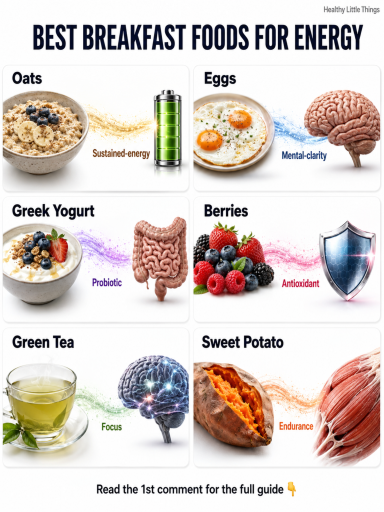 An infographic titled BEST BREAKFAST FOODS FOR ENERGY showing six food items oats eggs Greek yogurt berries green tea sw