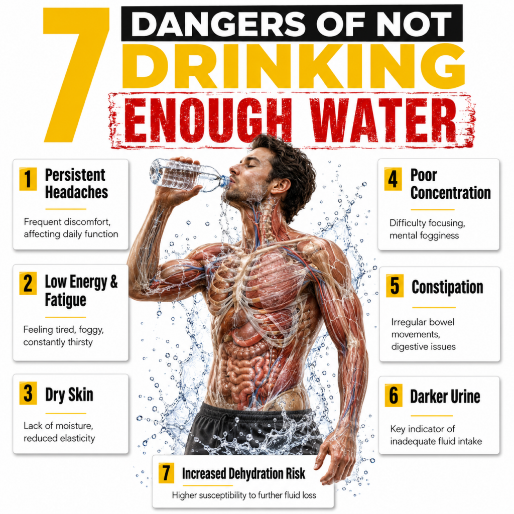 A striking infographic titled 7 DANGERS OF NOT DRINKING ENOUGH WATER featuring a muscular man drinking water with anatom