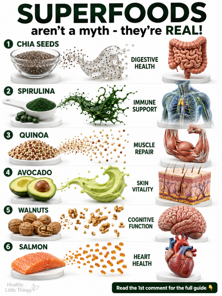 An infographic titled SUPERFOODS aren t a myth - they re REAL showcasing six superfoods Chia Seeds for Digestive Health 