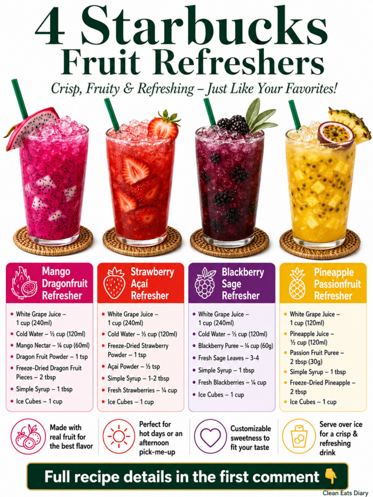 Four vibrant homemade Starbucks-inspired refreshers in tall glasses with ice fruit garnishes and green straws set agains