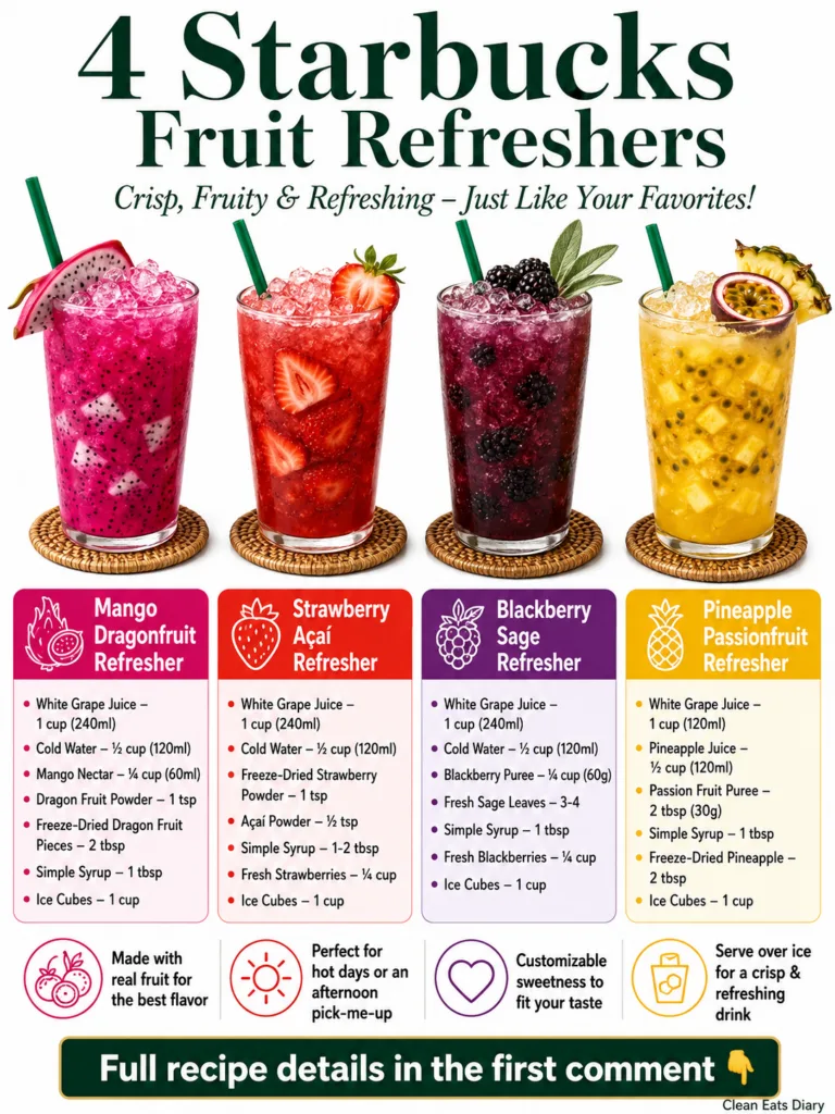Four vibrant homemade Starbucks-inspired refreshers in tall glasses with ice fruit garnishes and green straws set agains