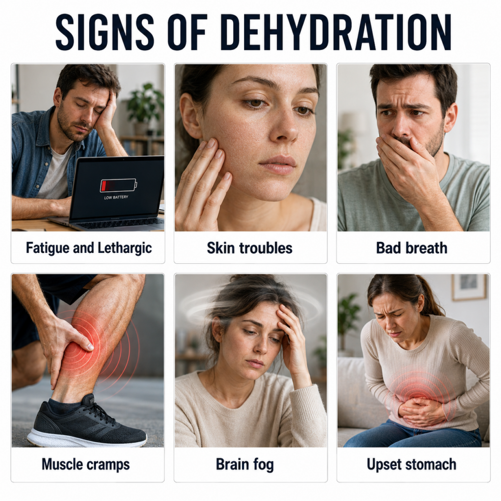 An infographic showing six signs of dehydration fatigue skin troubles muscle cramps brain fog constipation and dark yell