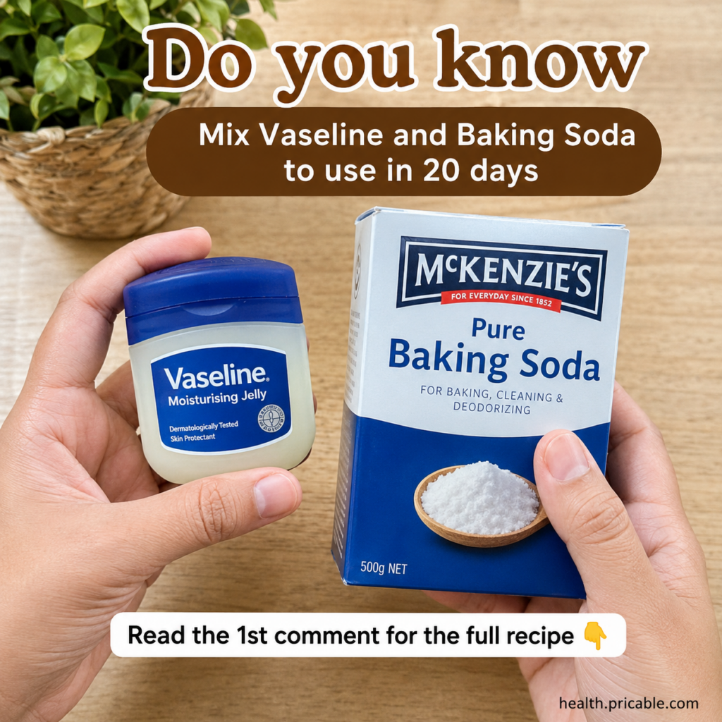 A pair of hands holding a jar of Vaseline and a box of baking soda with the products arranged to suggest mixing them for