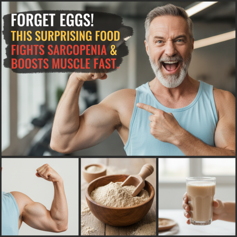 A dynamic collage depicting an enthusiastic older man flexing his bicep a bowl of light brown powder a close-up of muscu