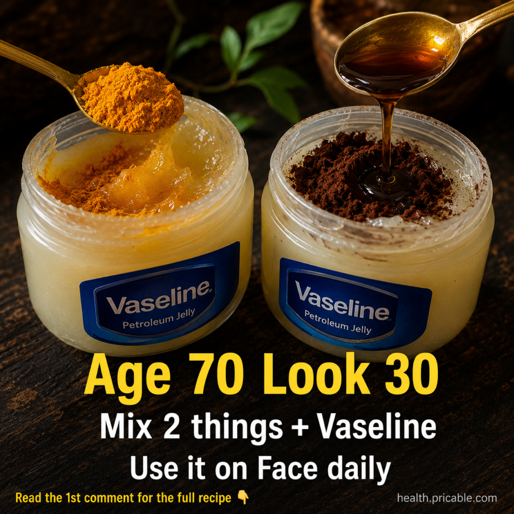 A golden spoon adding yellow turmeric powder to a jar of Vaseline next to another jar of Vaseline being mixed with a dar