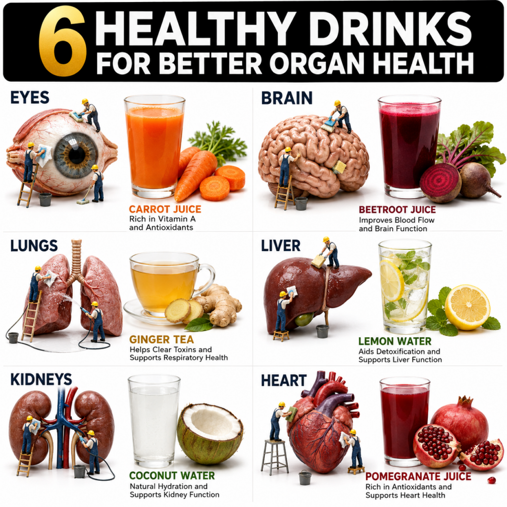 An infographic titled 6 HEALTHY DRINKS FOR BETTER ORGAN HEALTH showing six different organs each paired with a specific