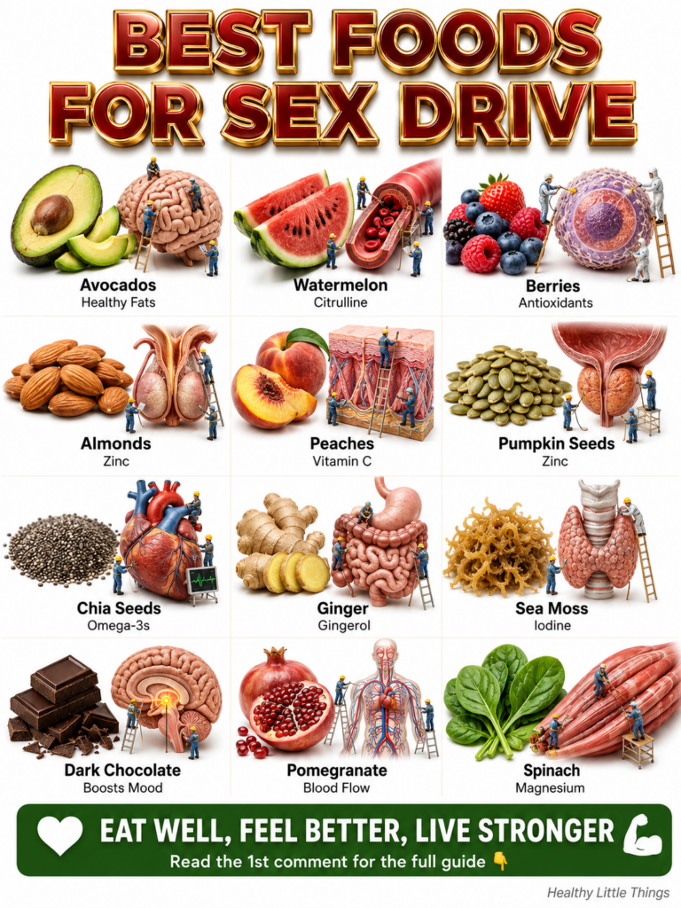 A grid-style infographic displaying twelve different food items like avocado watermelon spinach dark chocolate etc each 