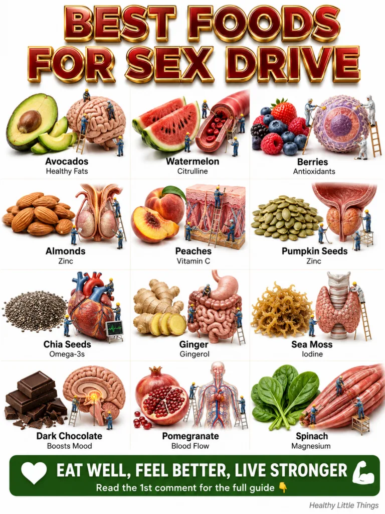 A grid-style infographic displaying twelve different food items like avocado watermelon spinach dark chocolate etc each 