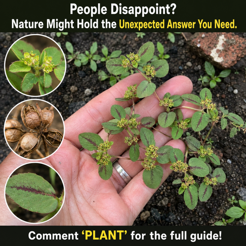A human hand gently holds a small sprawling green purslane plant with tiny yellowish-green flowers buds against a dark s