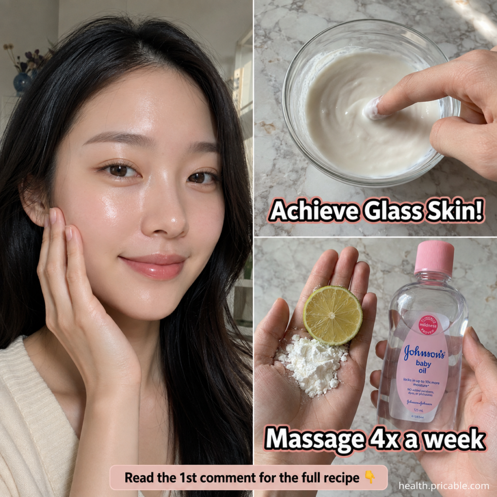 A vertical collage showing a young East Asian woman with glass skin a hand dipping into a white creamy mask and the ingr