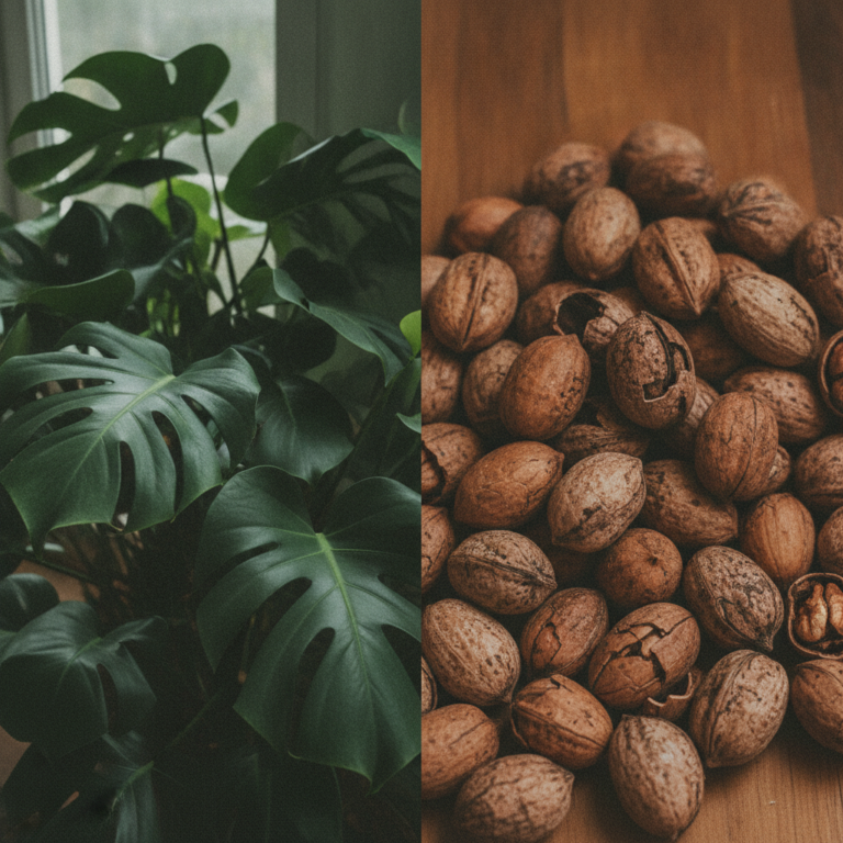 A natural diptych showing lush green Monstera deliciosa leaves on one side and a pile of whole and cracked nuts like pec