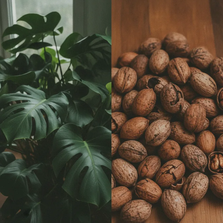A natural diptych showing lush green Monstera deliciosa leaves on one side and a pile of whole and cracked nuts like pec