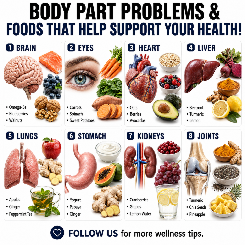 Infographic showing various body parts brain eyes heart liver lungs stomach kidneys joints with corresponding healthy fo