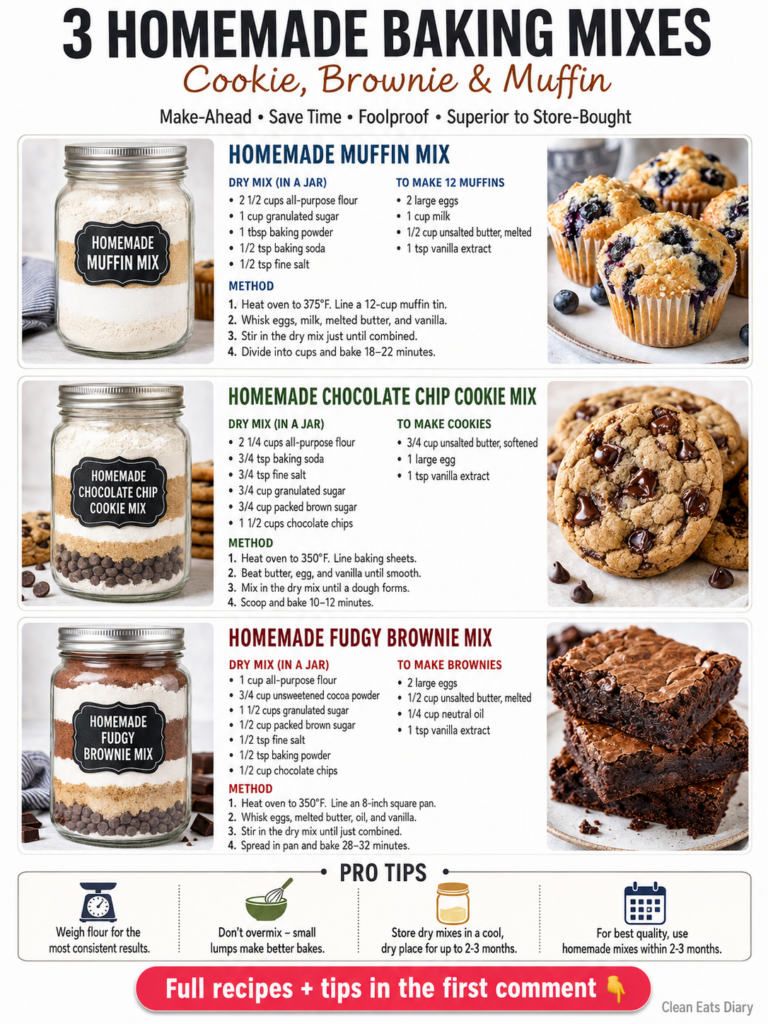 Three layered homemade baking mixes in mason jars with labels cookie brownie muffin and their corresponding baked goods 