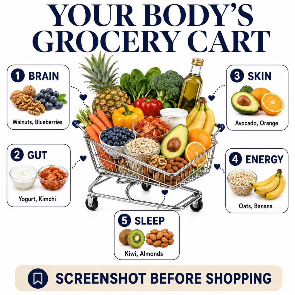 A miniature chrome shopping cart overflowing with colorful healthy food items like walnuts blueberries kimchi kombucha a