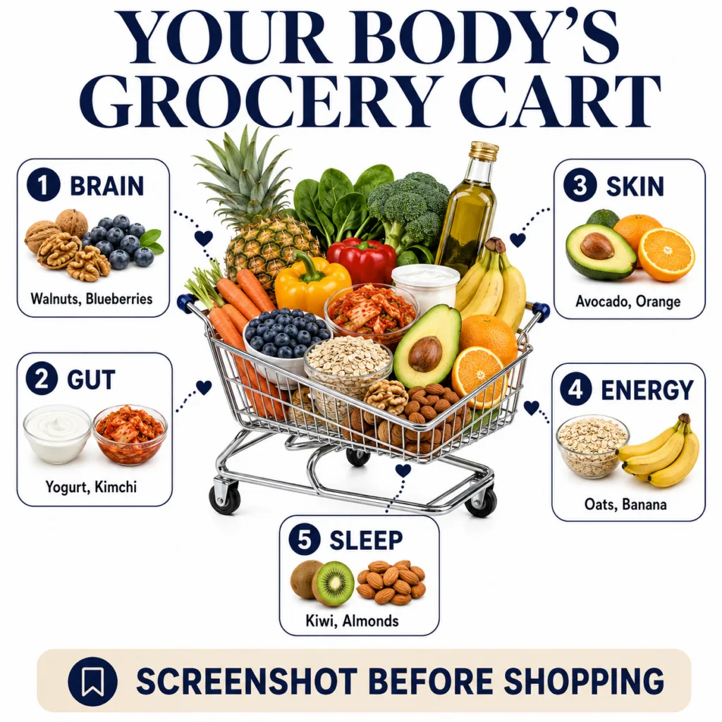 A miniature chrome shopping cart overflowing with colorful healthy food items like walnuts blueberries kimchi kombucha a