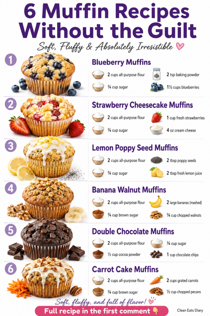 A vibrant array of six different bakery-style muffins including blueberry strawberry cheesecake lemon poppy seed banana 