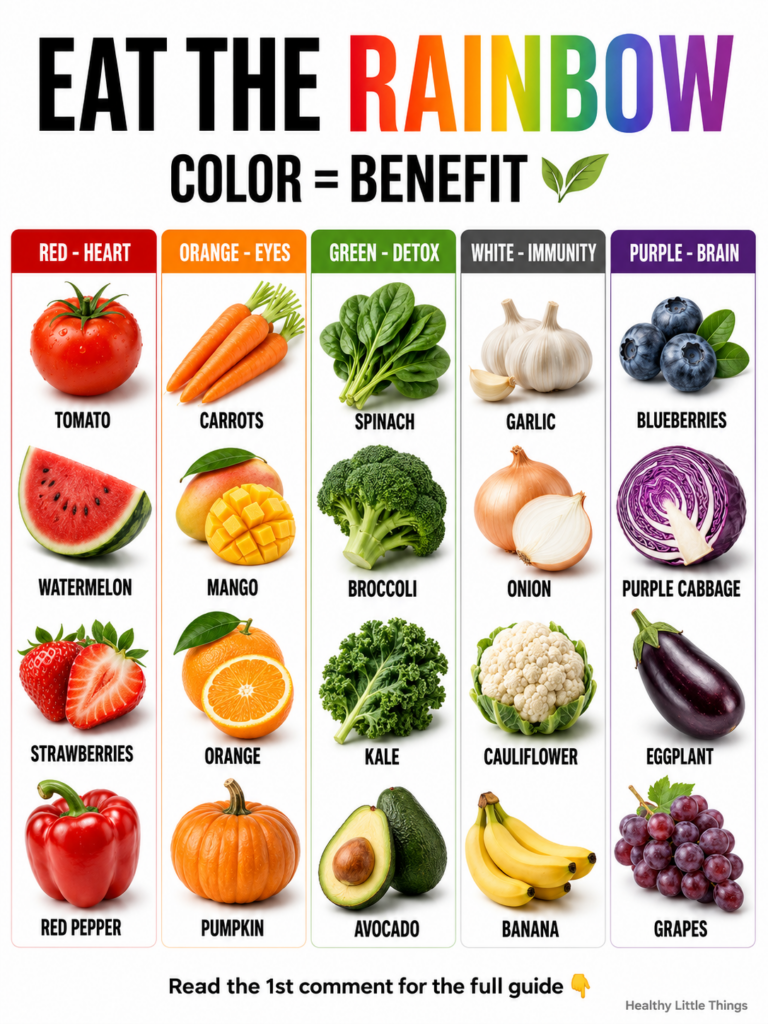 A vibrant array of fresh fruits and vegetables arranged in a rainbow spectrum including red tomatoes orange carrots gree