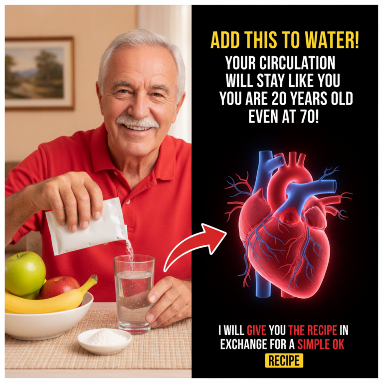A smiling 70-year-old man in a red polo shirt pouring a white powder from a sachet into a glass of water with fresh frui
