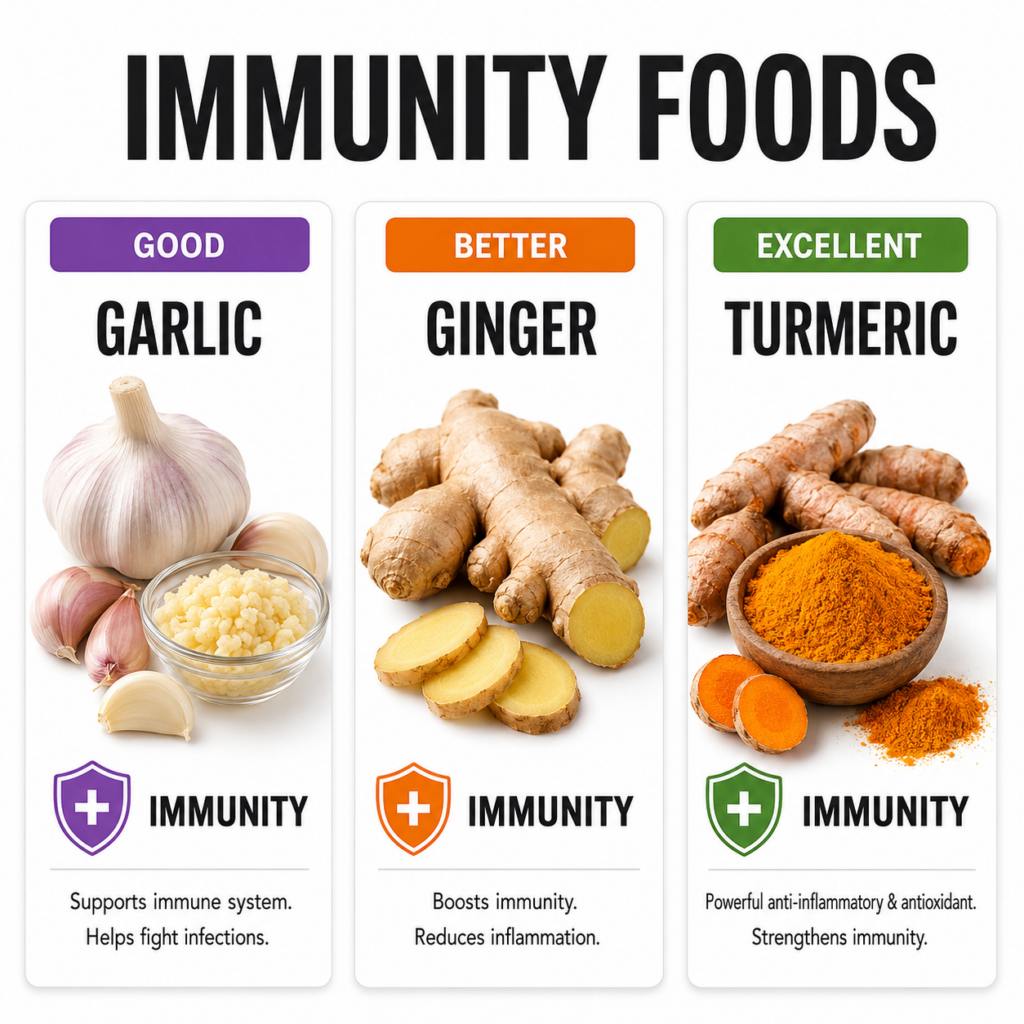 An infographic titled IMMUNITY FOODS ranking Garlic Good Ginger Better and Turmeric Excellent with images of each food a