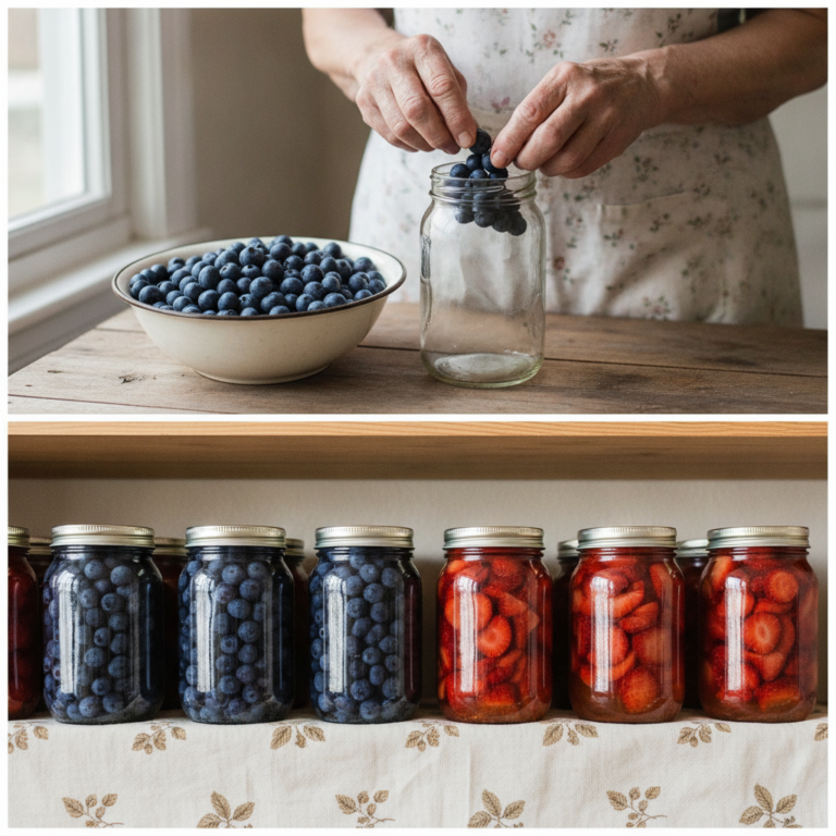 A two-part image showing hands preserving fresh blueberries in jars and a display of sealed jars with blueberries and st
