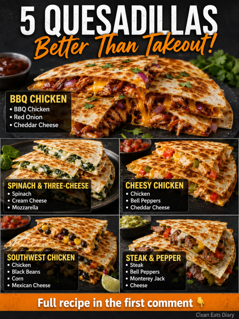 A golden-brown cheesy chicken quesadilla cut in half and stacked with melted Mexican cheese blend shredded cooked chicke