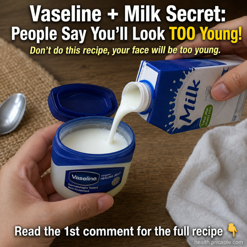 Hands mixing Vaseline and milk in a small jar on a rustic wooden surface