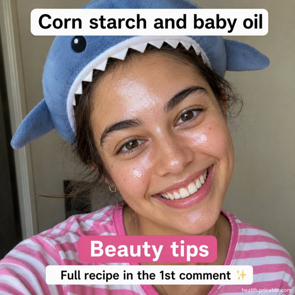 A young woman with glowing dewy skin smiling and wearing a playful blue shark-themed plush headwear