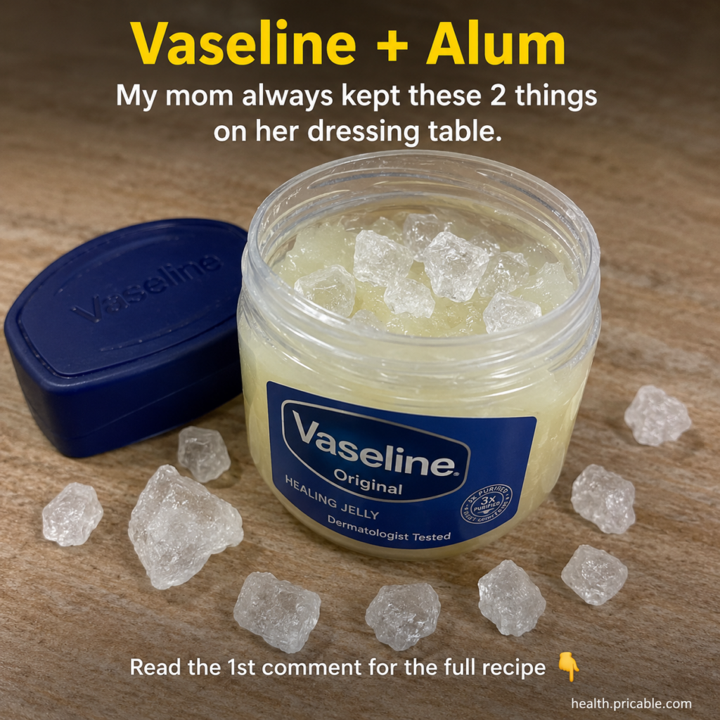 An open jar of Vaseline Original Healing Jelly with alum crystals inside and scattered around it on a rustic wooden surf